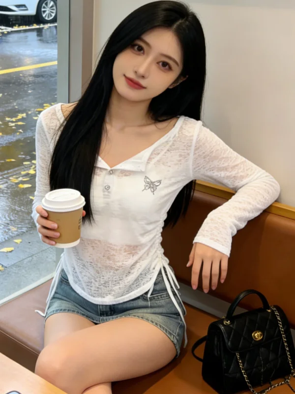 Summer New Style Women's  Print Long Sleeve Thin Transparent UV Protection Cover up T-Shirt Fashionable Versatile Top