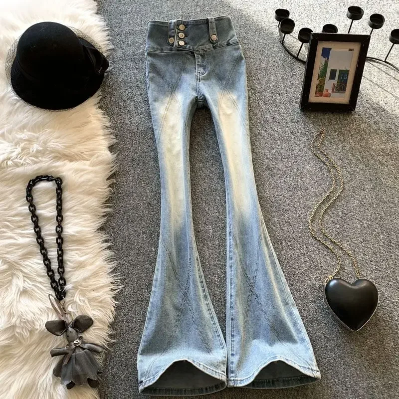 Spring Autumn New American Retro Design Sense of Micro-cropped Jeans for Women Ultra-high Waist Slim Mop Horseshoe Pants