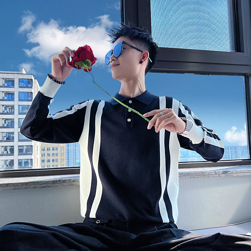 

Мужской зимний вязаный свитер с воротником, в полоску, в корейском стиле, модный, для ношения под одеждой, трикотаж Maturi Sle