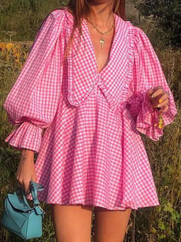 

Summer Short Dresses Women Vintage Plaid Dress Female Elegant Peter Pan Collar Lantern Sleeve Dress Ladies Pink Pleated Vestidos