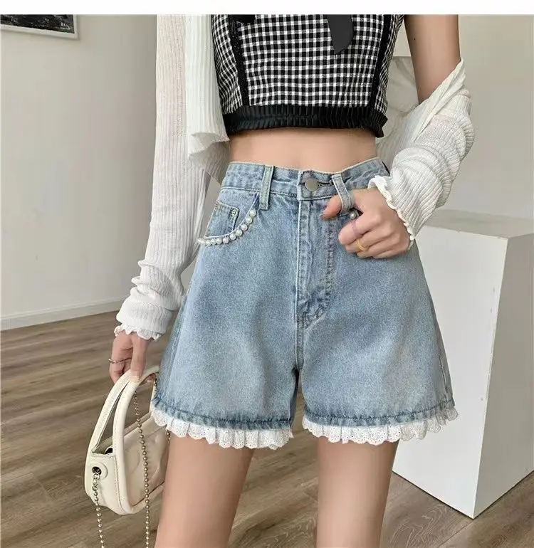 Women Summer Lace Beaded High Waist Denim Shorts Fashionable High Waist Slim And Wide Legs A-Line Hot Pants Plus Sized