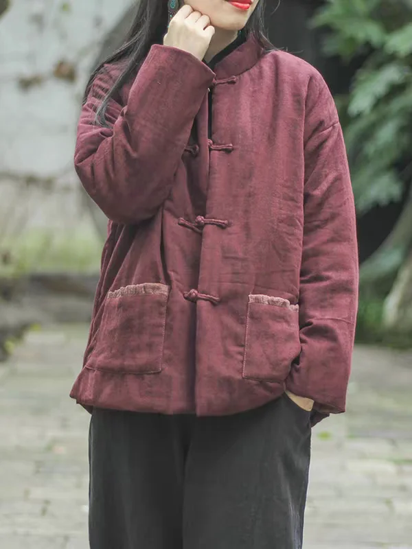 Thiened ort Cotton Jaet レディース スタンドカラー ボタンアップ 暖かい 冬 アウター レトロ スレ 通勤に優しい ストレートカット