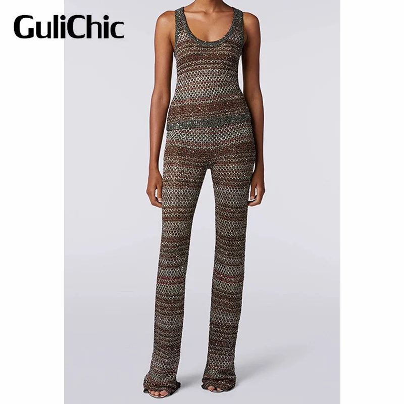 5.11 GuliChic High Quality Metallic Multicolor Knit Striped Slim Tank Top And High Waist Slim Pants 2 Piece Set For Women