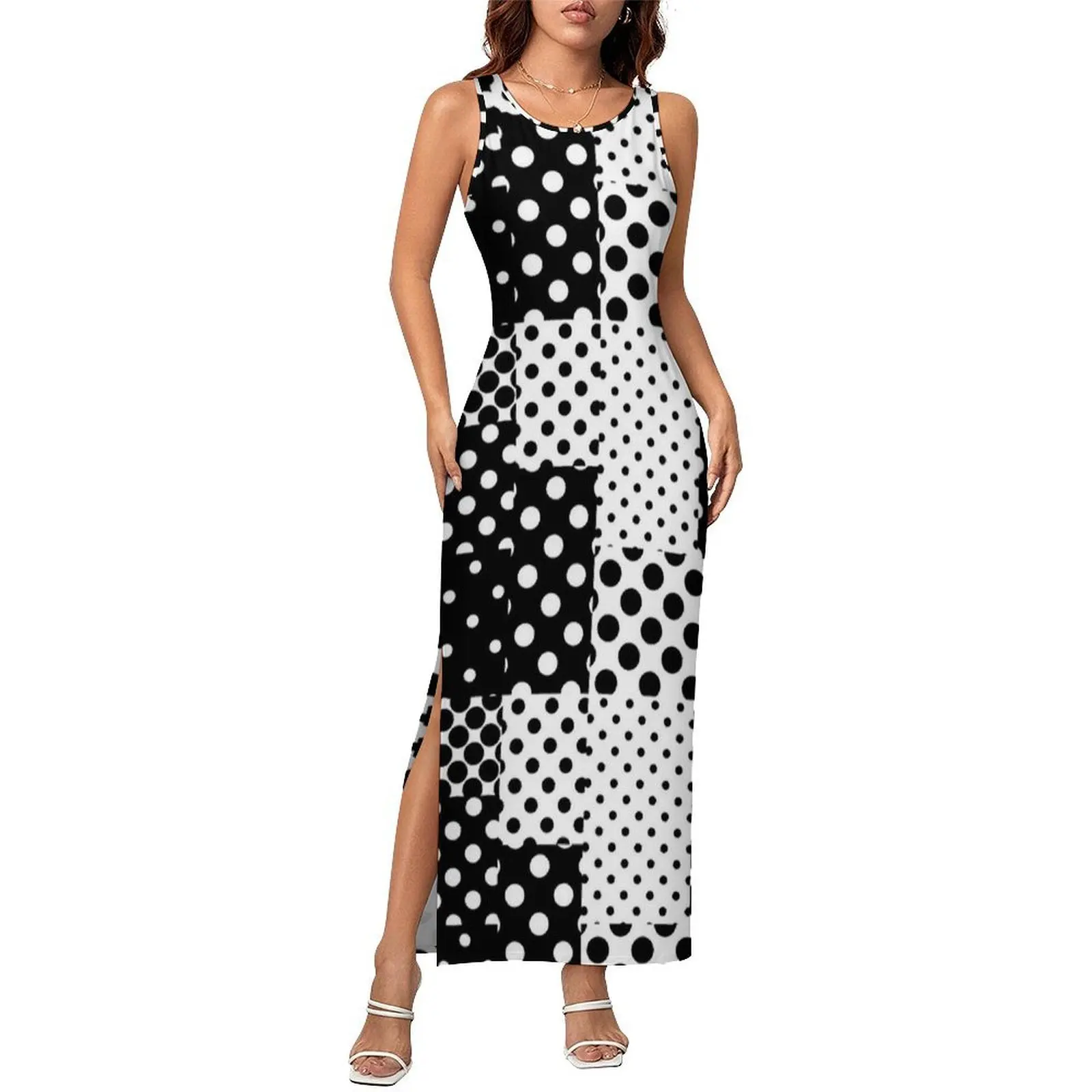 Women Bodycon Dress Club Sexy Patchwork Polka Dot Black White Print Maxi Dresses Summer  Sleeveless Custom Dress 2XL 3XL 4XL