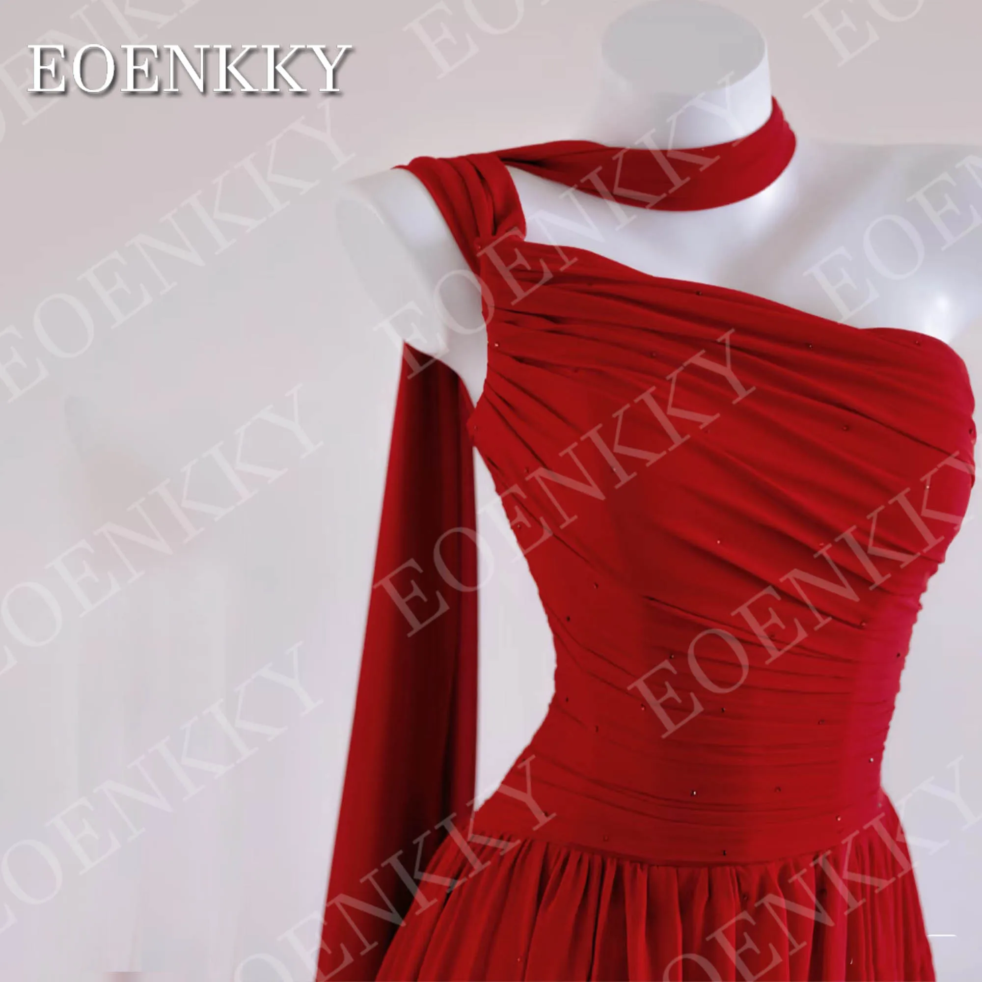EOENKKY Rote One-Shoulder-Abendkleider für Damen langes elegantes Chiffon-Partykleid ärmellos bodenlang individuell gestaltet Rote eine Schulter Abendkleider Frau lange elegante Chiffon Party Kleid ärmellose Bodenlänge
