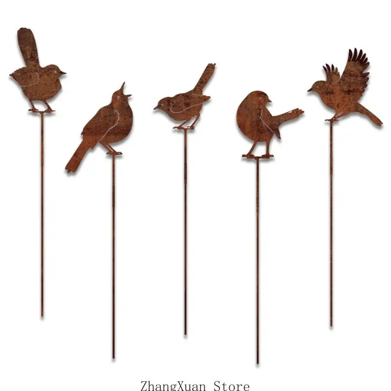 Vogel-Gartenstecker für Blumenkästen, 5er-Set, Topfstecker aus Metall mit abgenutzter Oberfläche und Vogelausschnitten für – Detail 10