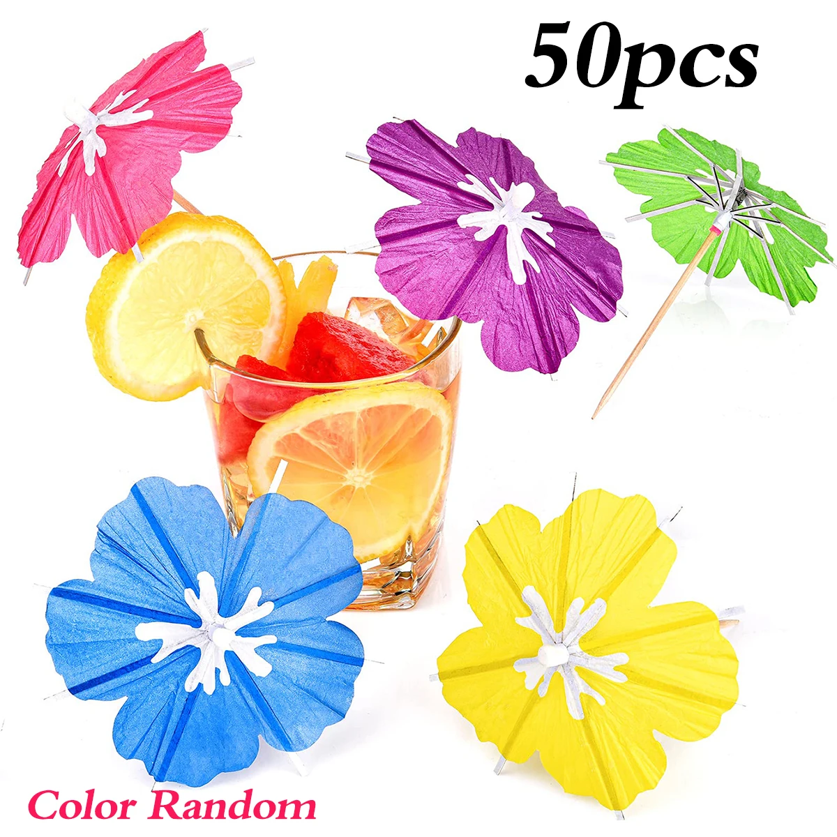 50 pièces de piques à cocktail parapluie florales pour bar tropical, bar Tiki, plage hawaïenne, piscine, fête Luau