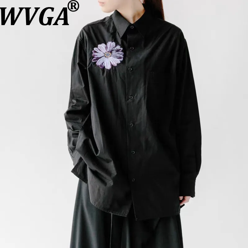 

Мужская рубашка WVGA: Новинка весна-осень, темный стиль, вышивка, модный тренд, длинный рукав, нишевый шик, повседневный вариант, отложной воротник, Ins Y2K W19669