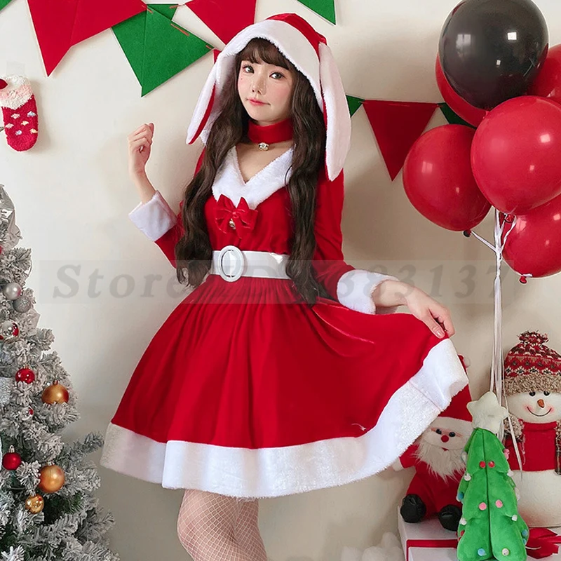 Women Santa Claus Cosplay Costume Christmas Sexy Maid Dresses Autumn Winter Velvet Hooded Fancy Dress New Year Party Clothes