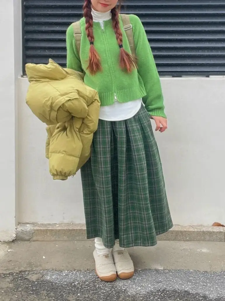 Gonna scozzese in lana sintetica verde foresta alla moda giapponese in stile preppy, vita elastica da donna, linea ad A, stile retrò caldo