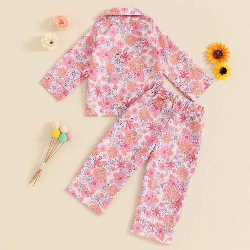 Kids Girls Autumn 2 Pieces Pajamas Sets Floral Print Button up Long Sleeves Tops and Elastic Pants Satin Loungewear Sleepwear image 2