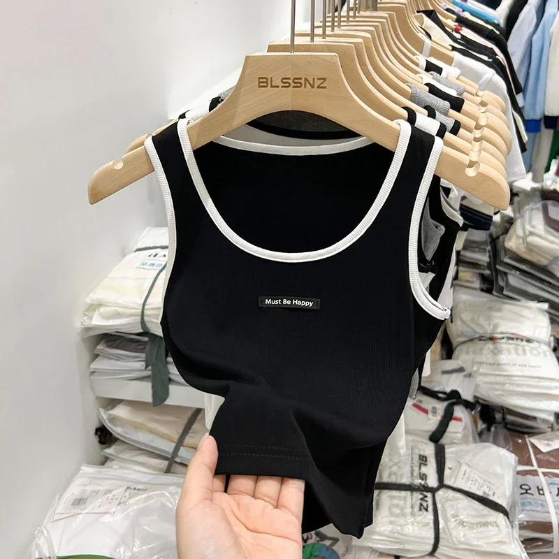 

New Women Solid Round Neck Ribbed Letters Tank Top Camisole Women 2025 Summer Basic Elastic Tank Top O Neck Solid Crop Top