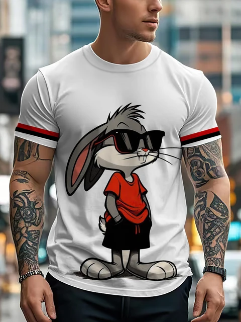 New personalized cartoon rabbit T-shirt for men with street style short sleeves and quick drying fabric comfortable 1