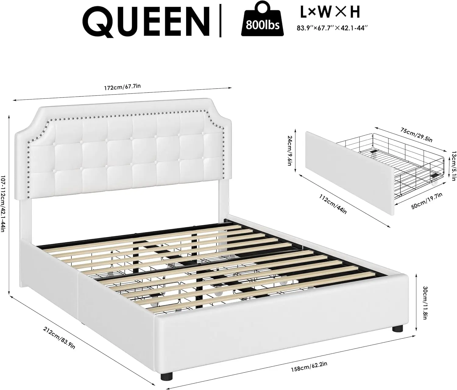 Queen Bed Frame with 4 Drawers, Upholstered Platform Bed Frame with Storage and Headboard, Curved Button Tufted Design,White