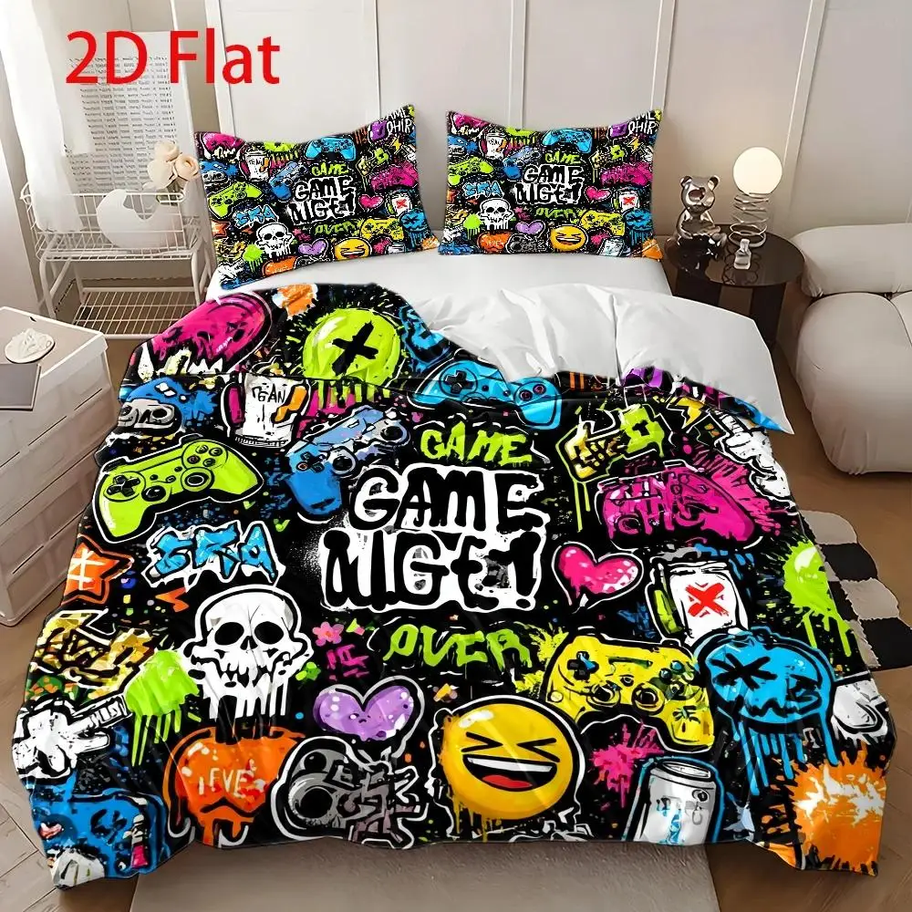 3Pcs Duvet Cover Set with 1Pc Duvet Cover and 2Pcs Pillowcases 2D Flat Print Game Theme Bedding Accessories Quilt Cover