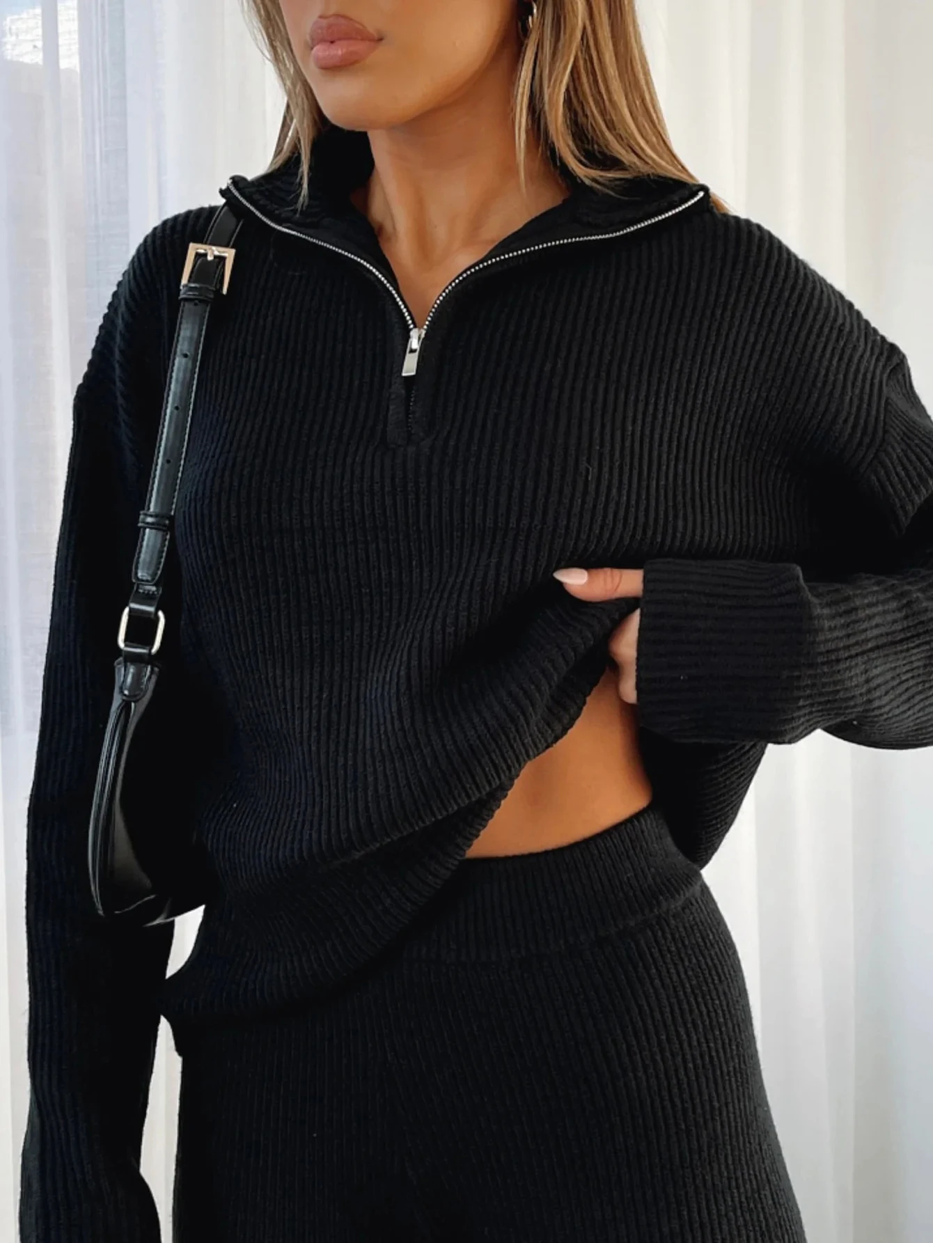 Set casual alla caviglia a vita alta alla moda da donna con cerniera chic coreano basic tinta unita manica lunga colletto alla coreana