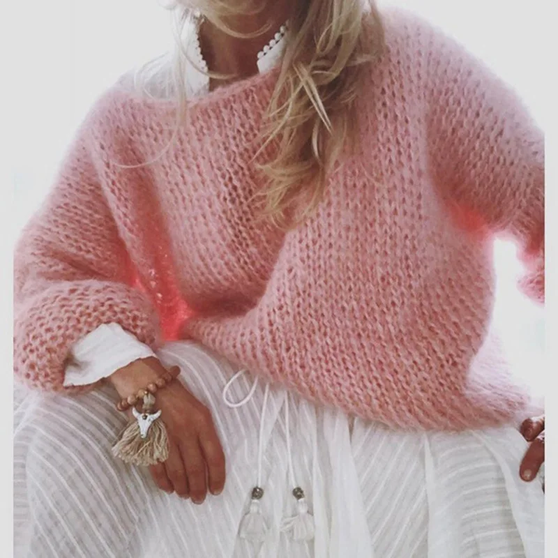 Fall Fashion Mohair Sweaters Thick Long Seleve Top Oversized Women Pullovers Autumn Knitted Pink Sweaters Preppy Style Harajuku