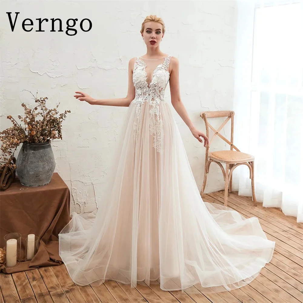 Verngo Appliques abito da sposa con scollo A V per donna spalline sottili abiti da sposa una linea lunghezza del pavimento abito formale per occasioni