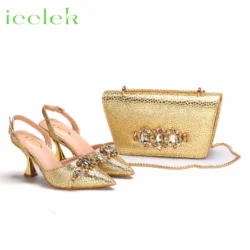 2024 Gold Color New Coming Spike Heels Pointed Toe African Shoes Matching Bag Set For Women Wedding Party