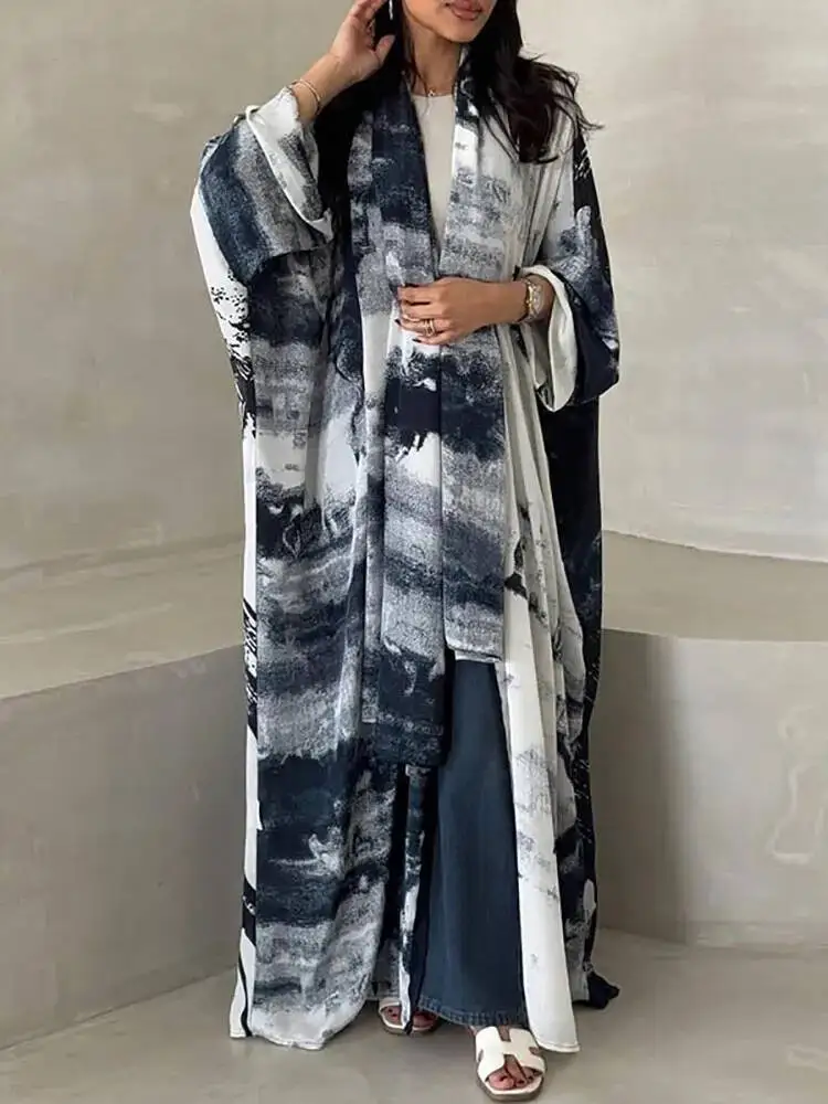 Damesmode Moslimjassen met V-hals en mouwen Herfst Casual vakantie Lange jassen Elegant patroon Print Losse swingvesten