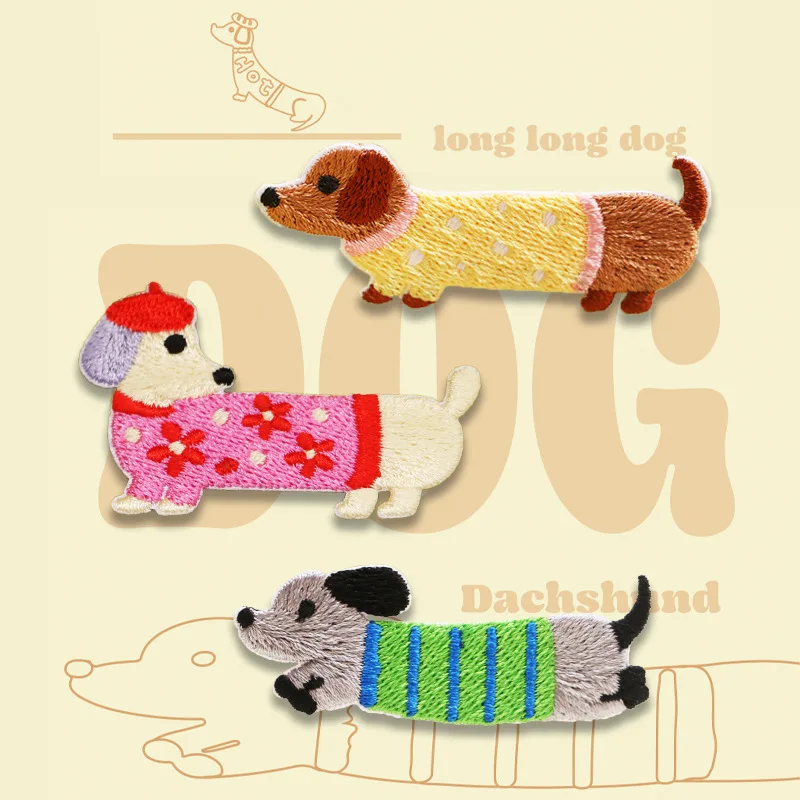 1 Piece Cute Dachshund Embroideried Dog Patches for Girls Bag DIY Small Glue Sticker for Kids Clothes Hairclip Designer