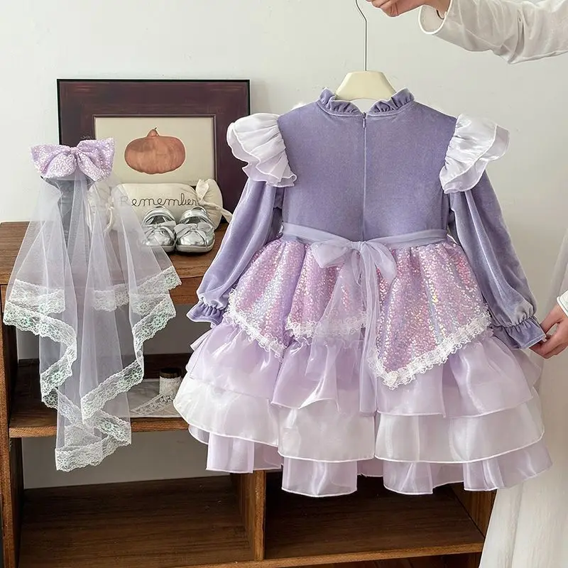 

Sanrio Kuromi Girls Lolita Princess Dress Ruffled Tutu Skirt Layered Dress Bow Decoration Party Dress Kids Gown halloween Gift