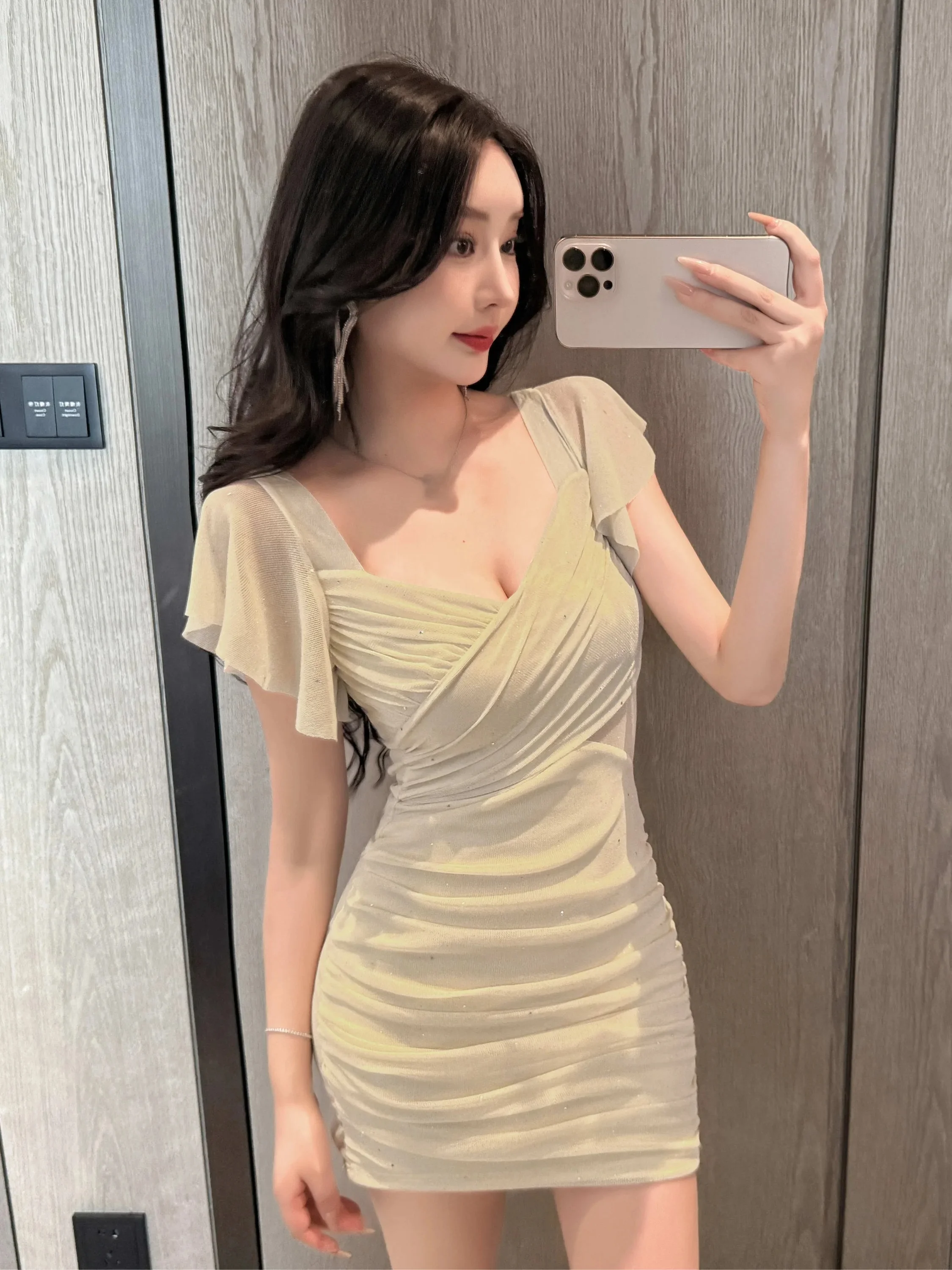 Sexy Short Flashing Fabric Wrap around Bodycon Dress with Pleated Sleeves for Night Club And Office Wear High Waist Slim Fit