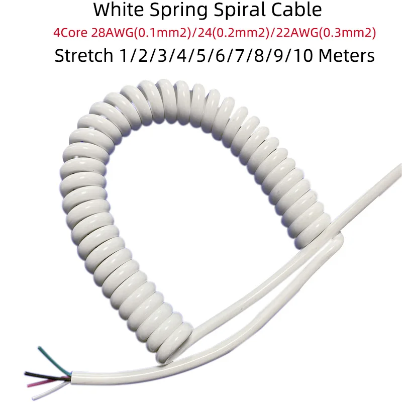 White Spring Spiral Cable Telescopic Wire 4Core 28/24/22AWG Stretch1/2/3/4/5/6/7/8/9/10 Meter Stretchable Wire Shrinkable Cable