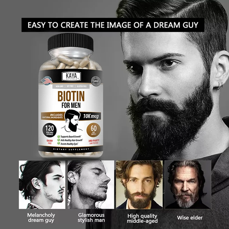 Biotin Capsules for Men – Hair Growth Vitamins – Natural Biotin Supplement for Men’s Beard and Hair Growth, Helps Eye Health