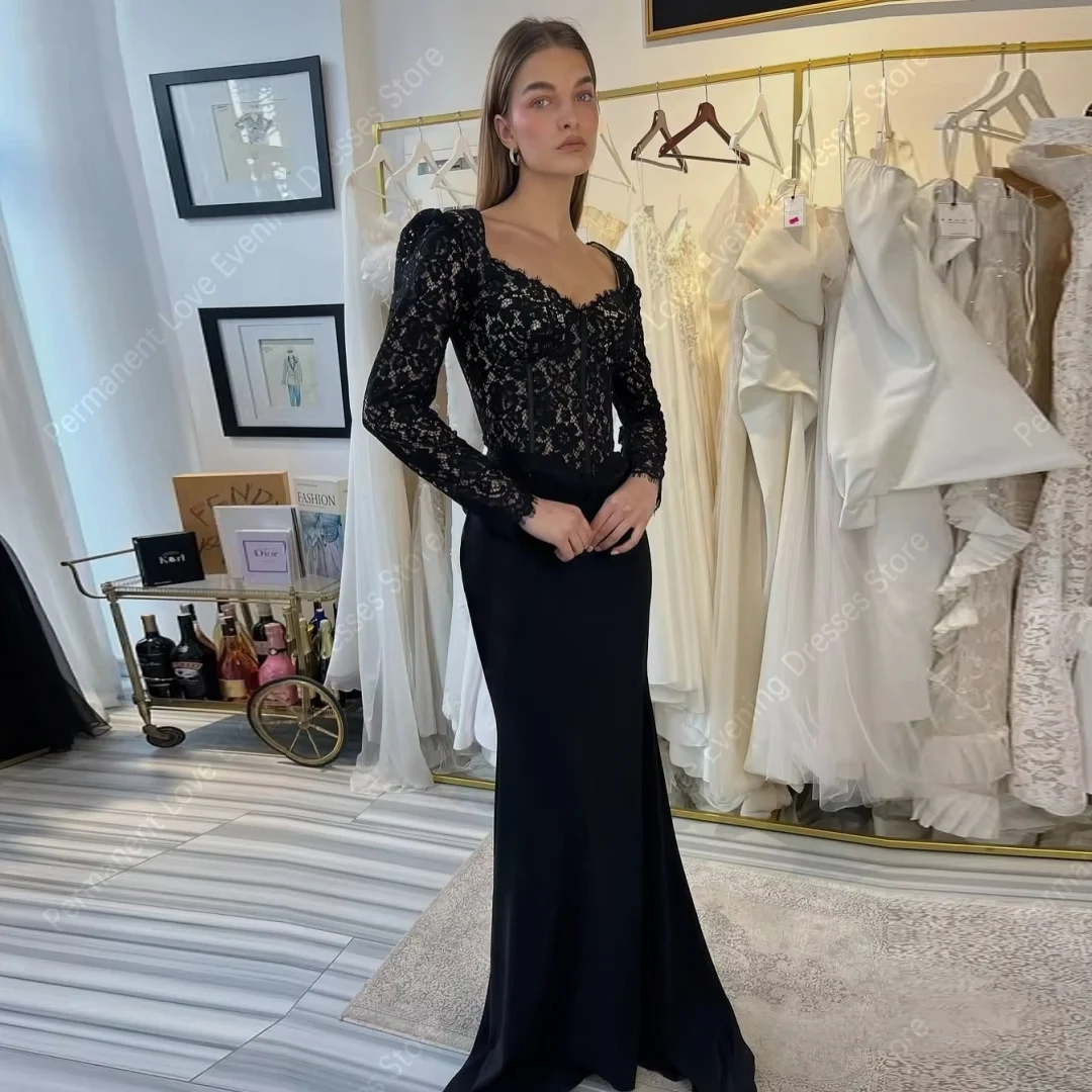 

Fascinating Black Women Mermaid Evening Dresses Sexy Lace Long Sleeves Prom Gowns Cocktail Party Vestidos Para Mujer Customized
