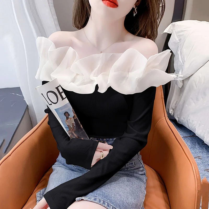 Pullover Tops Shoulder One - Word Collar Long Sleeve Blouse Shirts Female Ruffled Mesh Stitching Slim T Shirt Spring Autumn