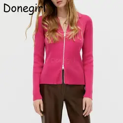 Donegirl Women 2024 Autumn Winter New Fashion Versatile Elegnat Slim Knitted Sweater Lapel Zipper Cardigans Female Tops Chic