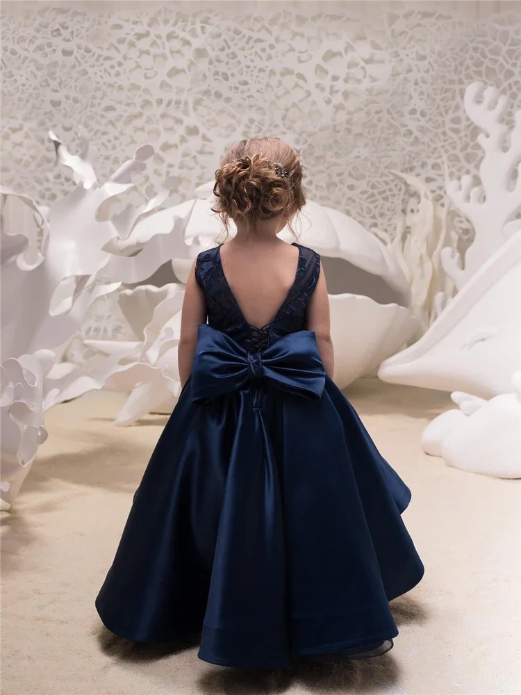 Navy Blue Flower Girl Dress Lovely Baby Girls Sleeveless Gauze Back Child Birthday Present Princess Ball Party Evening Gowns