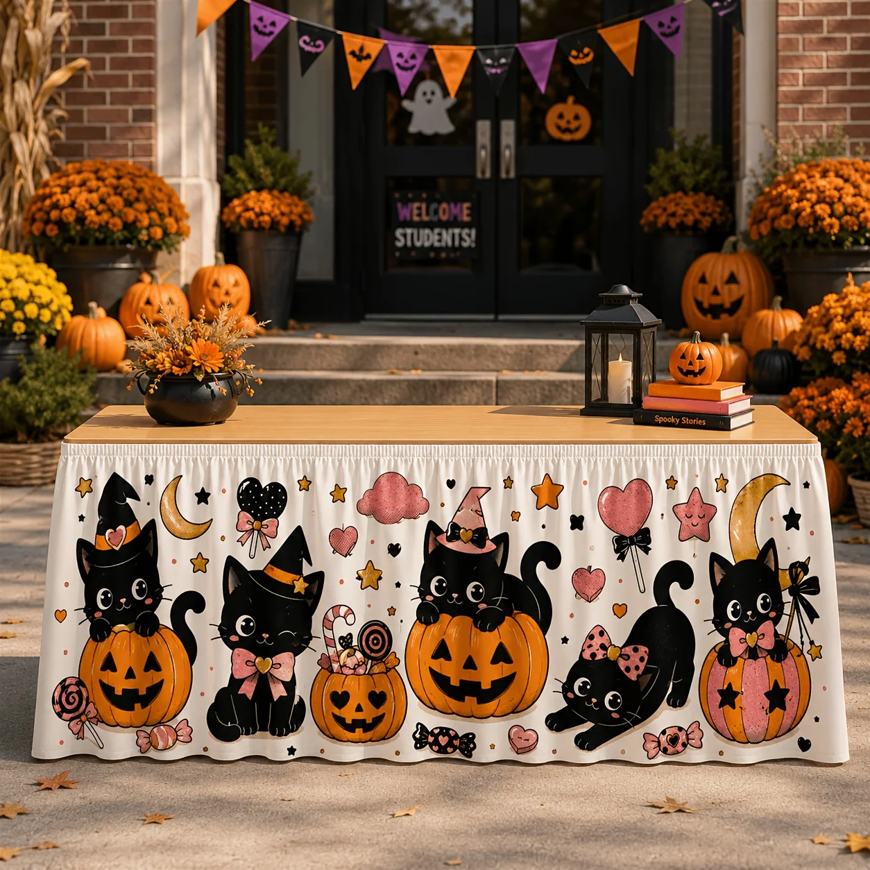 One table skirt, a cute pink Halloween table skirt, a black witch cat, a pig-head lamp, and a pumpkin.xzj