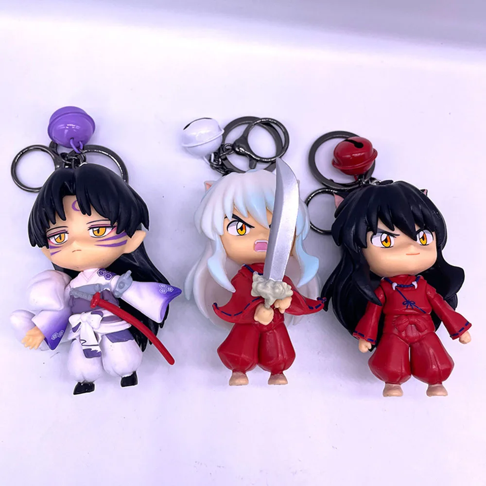 6Pcs/Set 10CM Inuyasha Q Version Sesshoumaru Higurashi Kagome Kikyo Keychain Bell Toys Pendant PVC Action Figure Model Keyholder