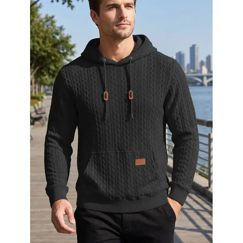 Men'S Knitted Hooded Sweatshirt With Sleeve Pocket Leather Label Drawstring Sports Pullover Casual Daily Wear view 5