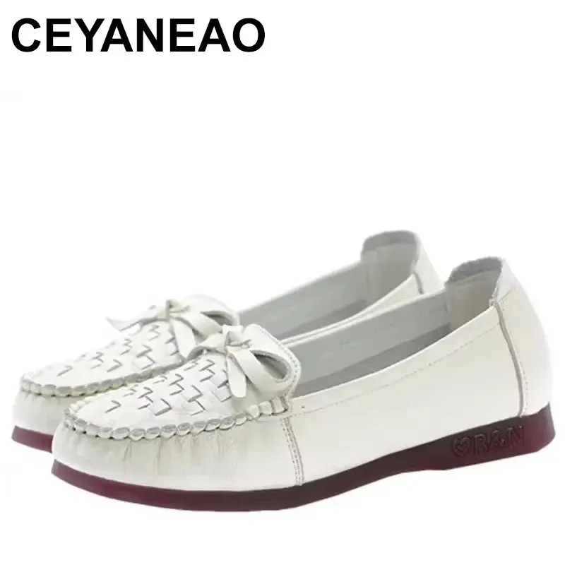 

2025 Woven green ballet flats for women slip on bowknot loafers woman genuine brand designer moccasins fine leather shoes