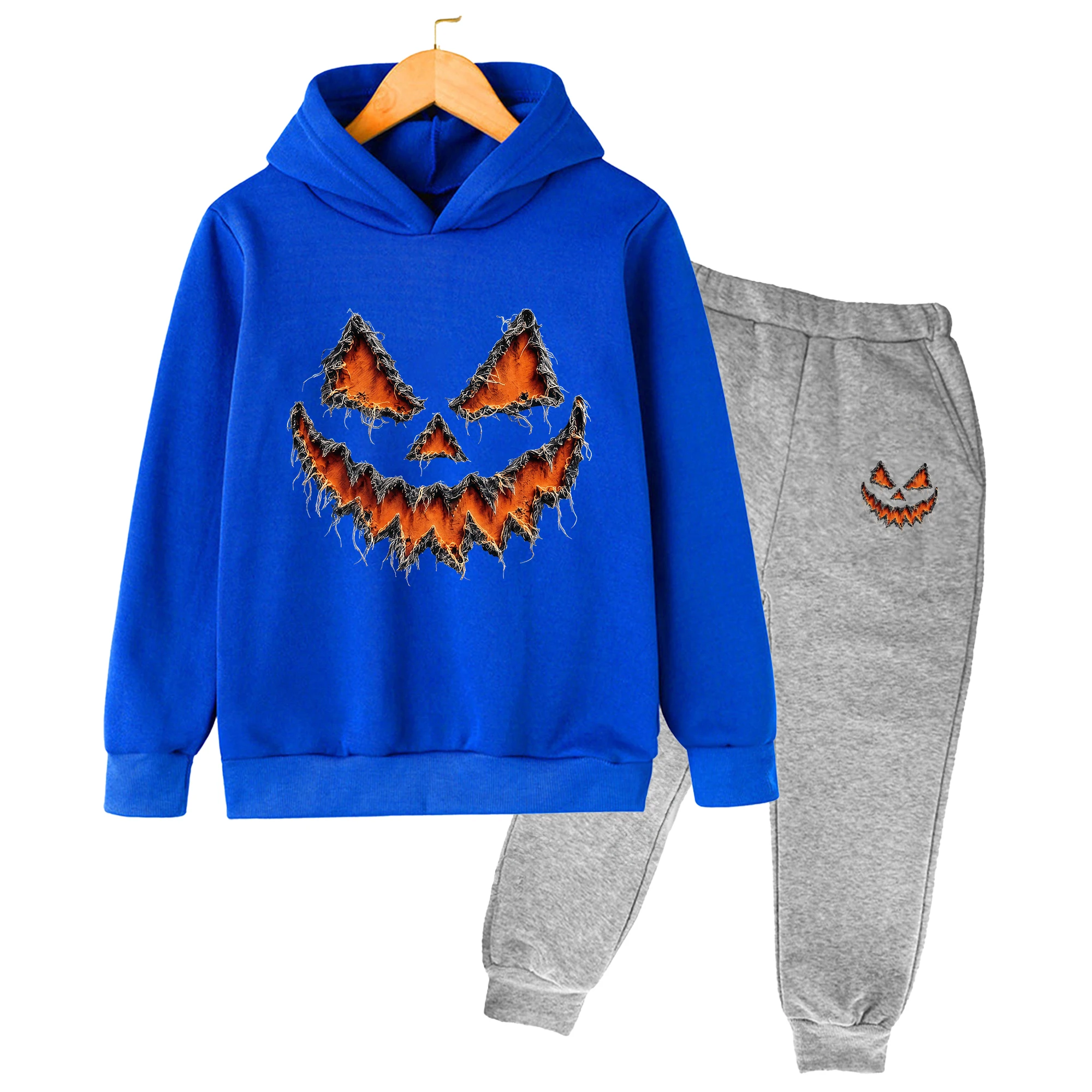 Kids Hoodies Sweatshirts Pants Set Fleece Grunge Jack O Lantern Printed Halloween Spooky Streetwear Children Clothing Autumn