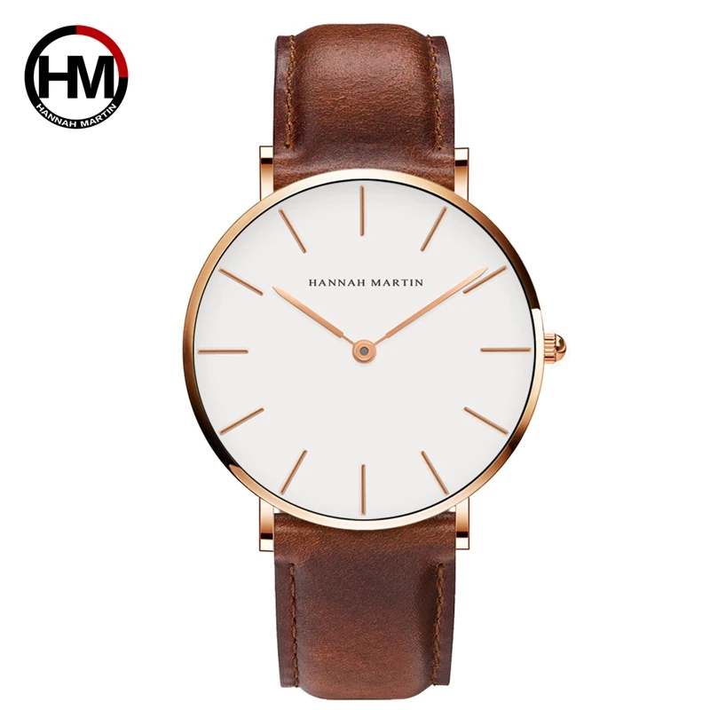 

Hannah Martin Brand Fashion Japan Quartz Wrist Watches Silver Brown Leather Men Watch Waterproof Dress Watch Men Casual