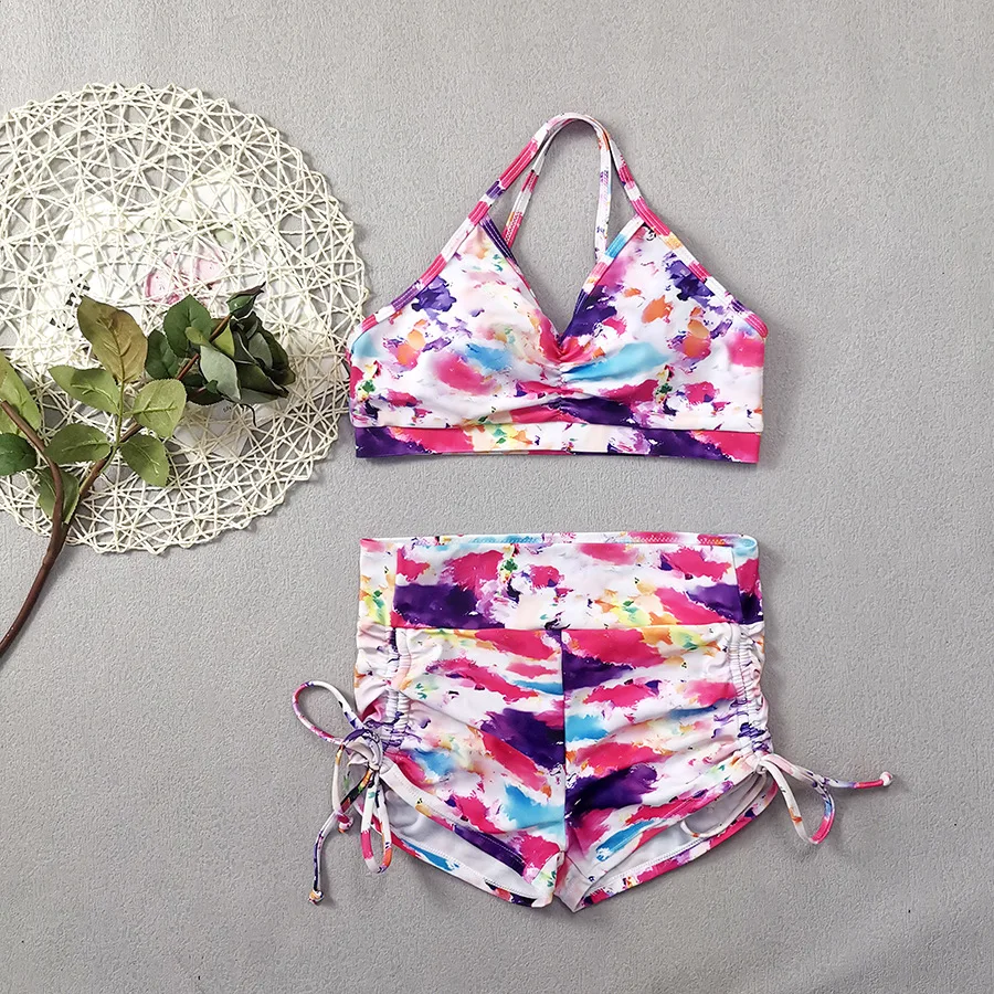 2025 Zomer Nieuwe Mode Kleur Tie Verven Gedrukt Vrouwen Grote Maat Badpak Set Hoge Taille Platte Hoek Broek Split Bikini