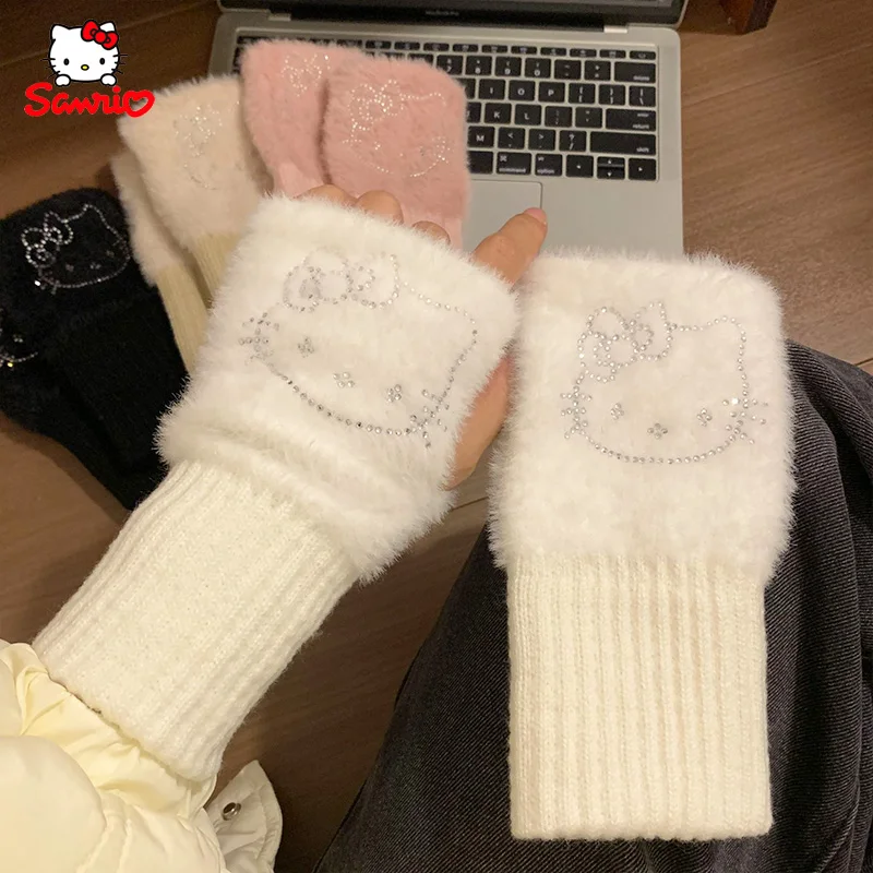 Kawaii Sanrio Hello Kitty Handschoenen Pluche Half Vinger Handschoenen Voor Vrouwen Winter Warme Zachte Breihandschoenen Accessoires Kerstcadeaus