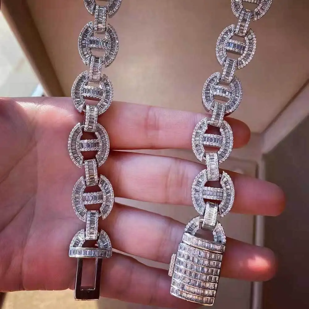 The New Fashion Hip Hop High Quality Iced Out Baguette Cubic  Diamond Pig Nose Chain Iced Baguette Diamond Mariner Chain