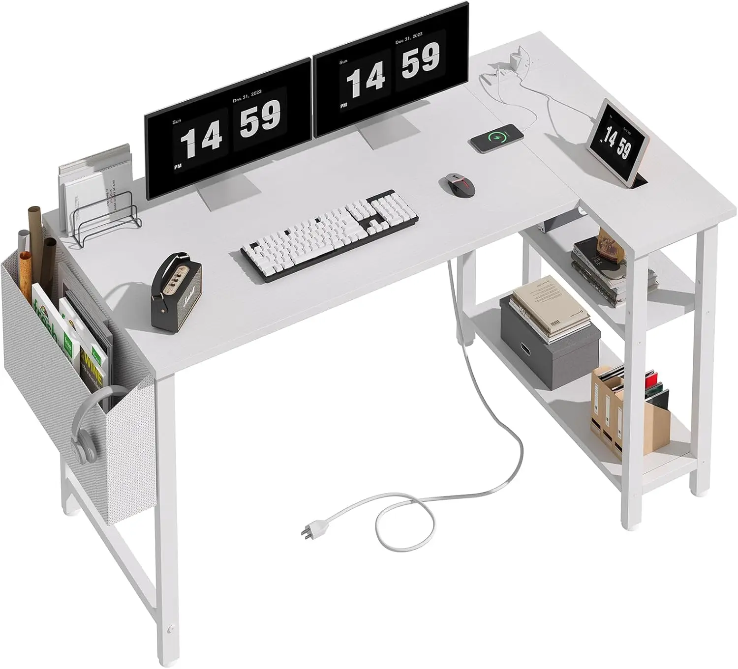 White L Shaped Computer Desk with Power Outlet Shelves, 47 Inch Corner Desk for Home Office Bedroom, White