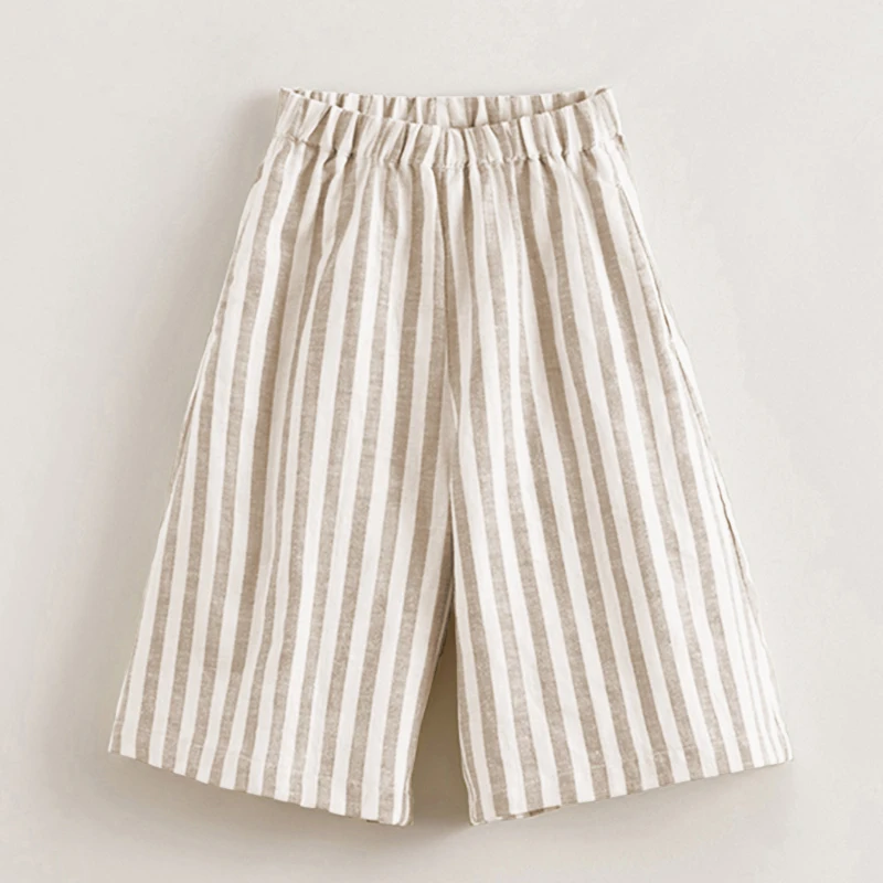 Girls Cotton And Linen Striped Casual Wide Leg Pants 2024 Summer New Children\'s Elastic Waist Loose Retro Linen Trousers TZ406