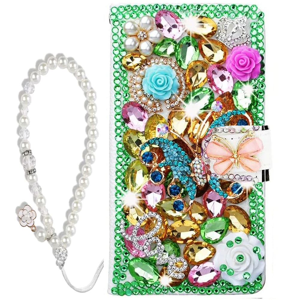 Butterfly Jewelled Diamond Leather Case for XIAOMI POCO X4 Pro 5G Flip Wallet with Card Book Phone bag with Pearl Lanyard