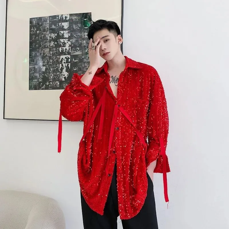 

Men's Sequin Shirt with Long Sleeves Ribbon Detail - Oversized Loose Fit Party Top