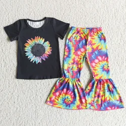 Baby Girl Kids Sunflower Clothes Black Short Sleeves Tee Shirt Set Toddler Flower Outfit Children Wholesale Tie Die Bell Pants