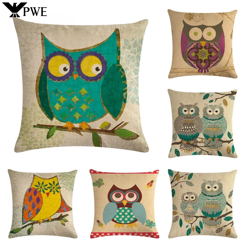 Lovely Owl Pattern Linen Pillowcase Palm Bird Cushion Living Room Bedroom Sofa Car Home Decor Pillowcase 45 X 45 Cm