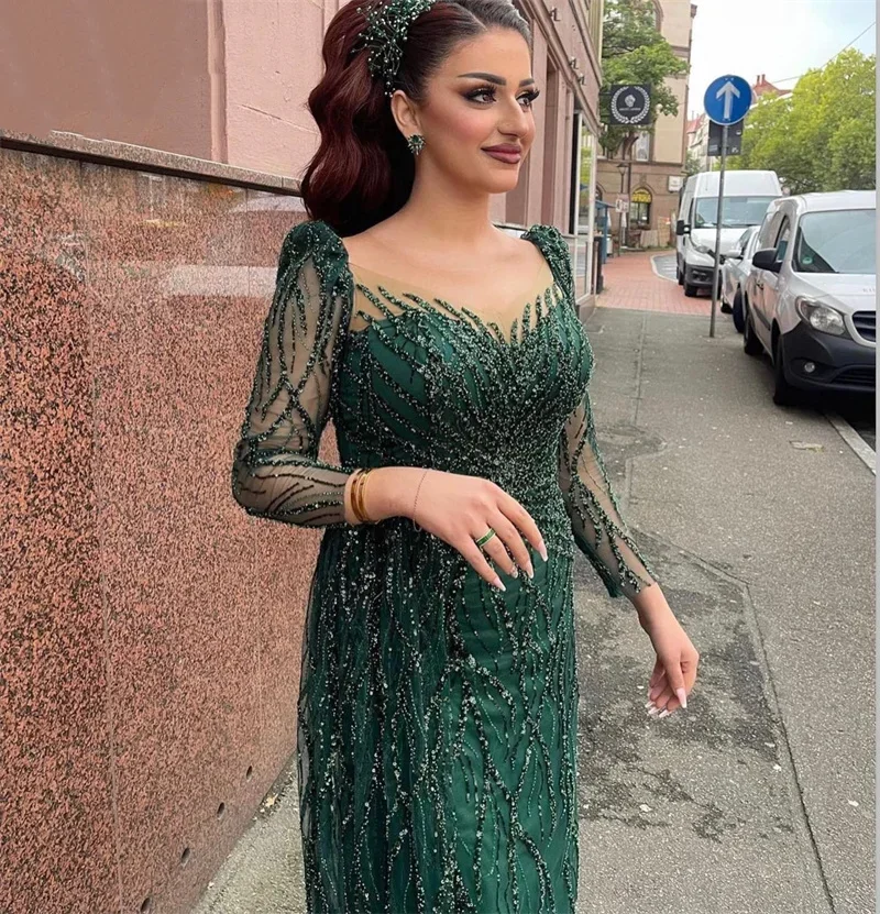 

Customized Aso Ebi Green Lace Beaded Mermaid Evening Dresses Women Arabic Long Sleeve Party Prom Dress