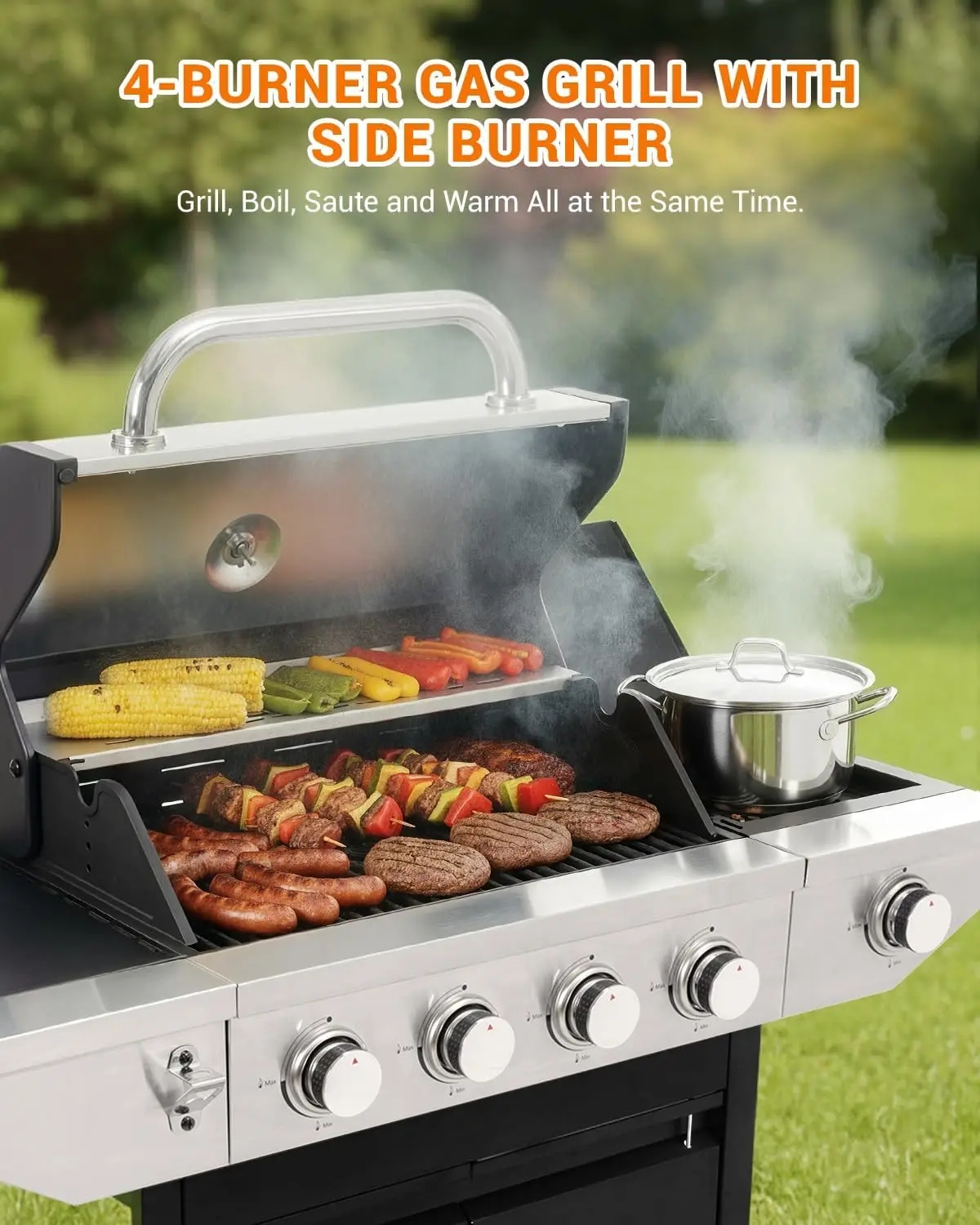 4-Burner Propane Gas BBQ Grill with Side Burner, 46,500 BTU Output Stainless Steel Barbecue Grill with Enameled Cast Iron Grates